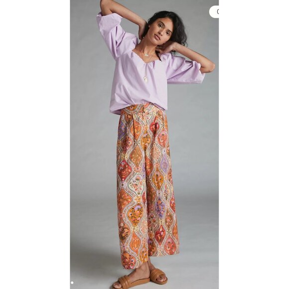 Farm Rio Toscana Pleated Wide Leg Pants Womens Small Orange Linen High Rise Boho - Picture 1 of 16